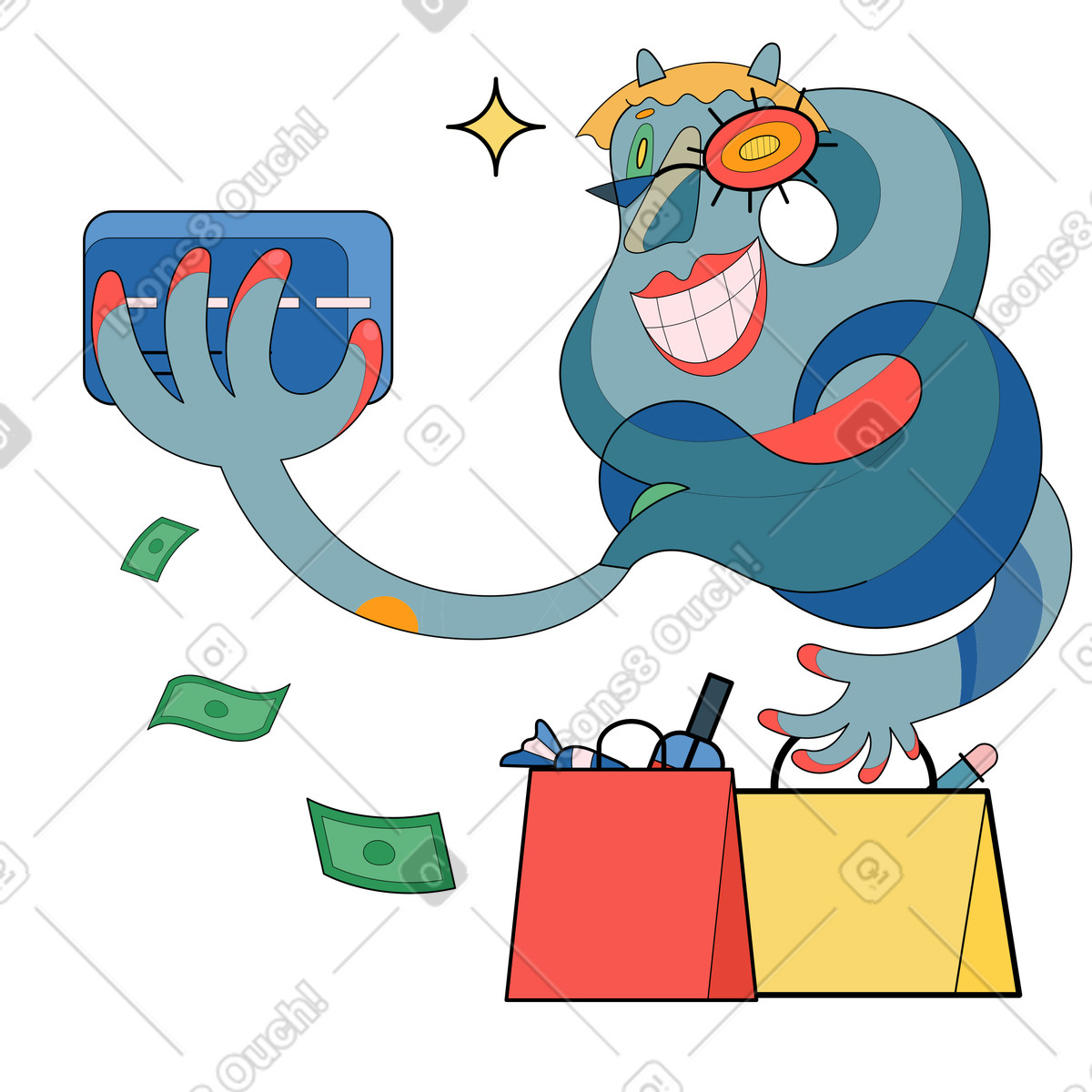 Abstract consumer with credit card and shopping bags, Retail therapy or spending habits illustration in Surr style download in PNG, SVG