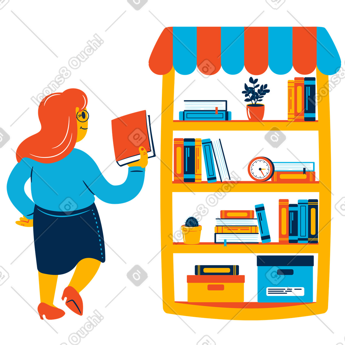 Woman taking a book off a shelf in a bookstore illustration in Flame style download in PNG, SVG