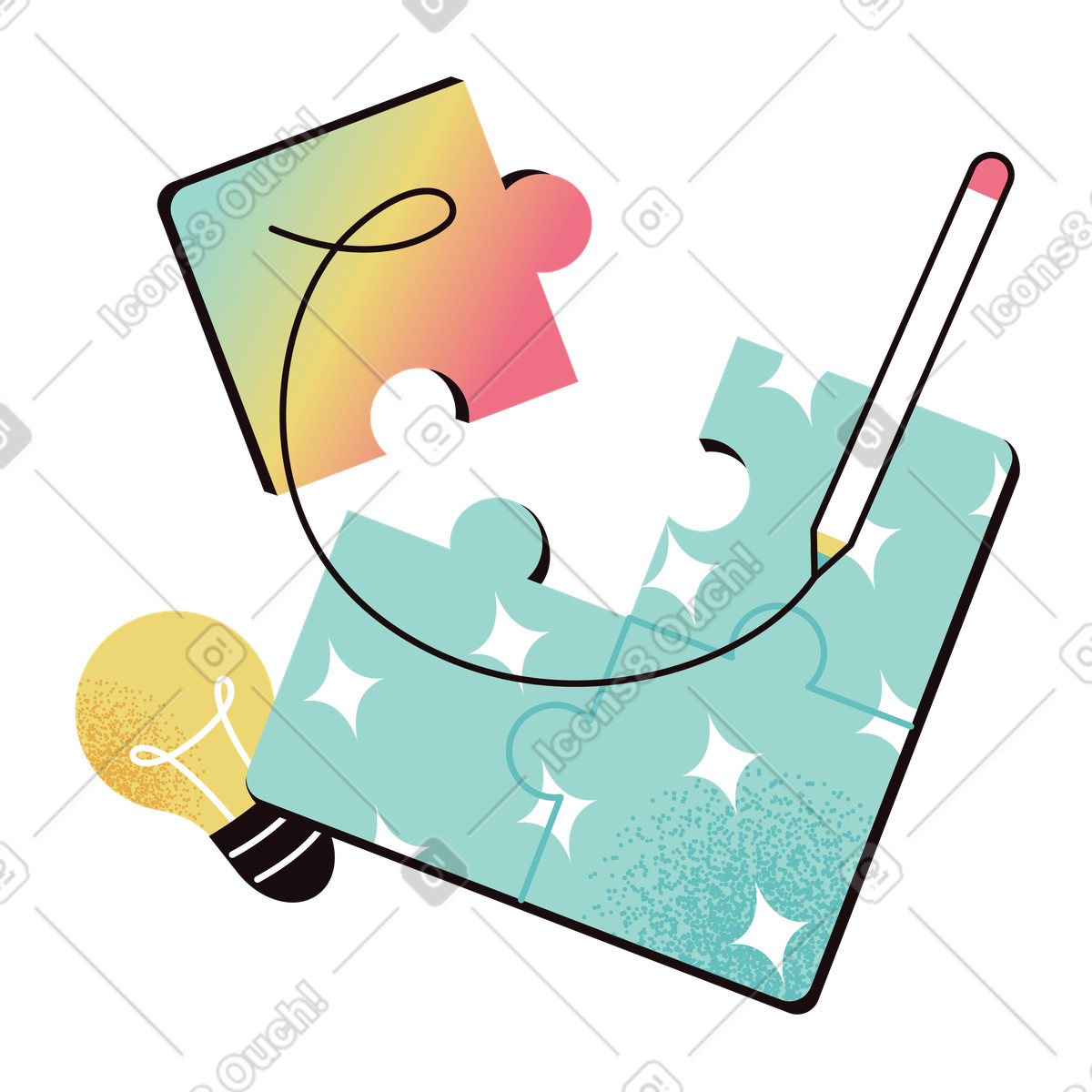 Kreativer workflow mit puzzle und ideen-Illustration im Delight-Stil als Download in PNG, SVG
