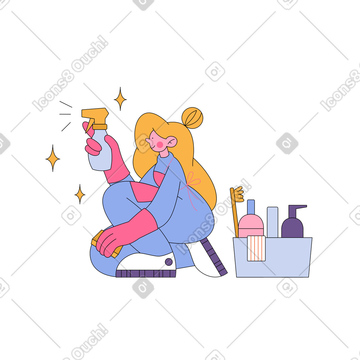 Woman with sprayer and detergents cleaning up illustration in Bloom style download in PNG, SVG