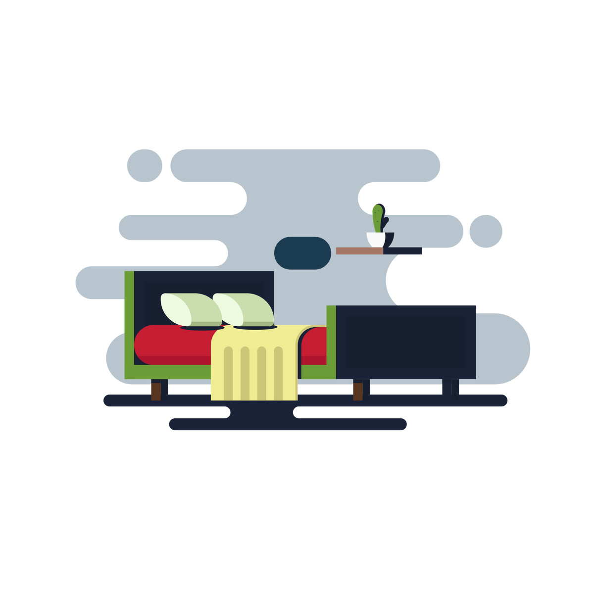 Ilustración Double bed with pillows and blanket, calm sleeping space for home interior en estilo Gummy a descargar en PNG y SVG