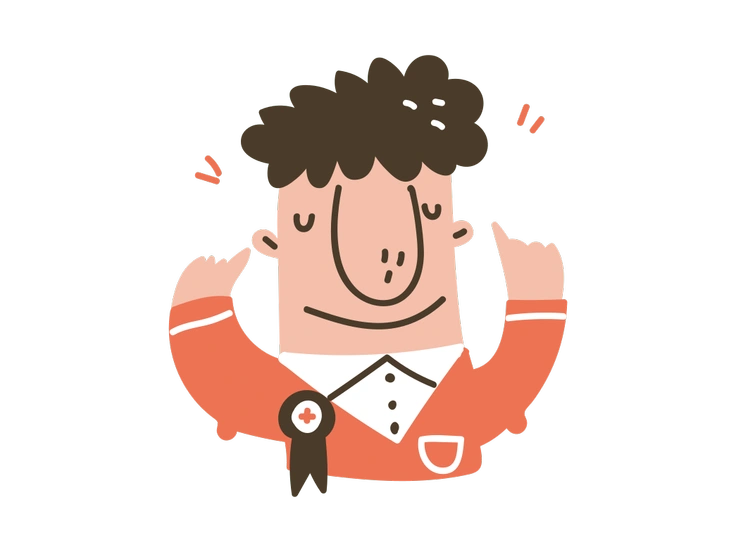 A confident man with curly hair and a badge - Karlsson style illustration