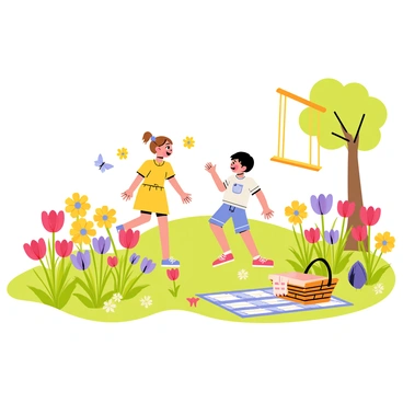 A family garden filled with a variety of colorful flowers including red tulips, yellow daisies, and purple pansies. Two kids are playing together, one is a girl with pigtails wearing a bright yellow dress and the other is a boy with a blue shirt and shorts. They are laughing and chasing after butterflies that are fluttering around the flowers. A small wooden swing hangs from a tree, and a picnic blanket with a picnic basket is spread out on the grass nearby.