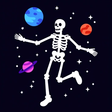 A skeleton floating in space with planets and stars surrounding it.
