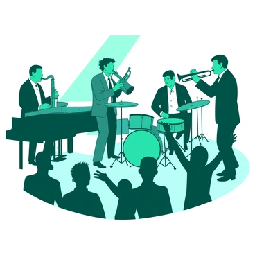 A teal jazz band consisting of four musicians is performing energetically on a white dimly lit stage. The musicians include a saxophonist, a trumpet player, a pianist, and a drummer. Each musician is wearing elegant black attire, and the soft glow of stage lights creates an intimate atmosphere. In the foreground, there are figures, silhouetted against the light, swaying to the rhythm of the music, with their arms raised and feet tapping. The audience appears captivated, as the lively sounds of the band fill the space.