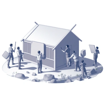 A busy scene of people constructing the Tabernacle in the wilderness with various materials