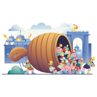 A large, wooden Trojan Horse is positioned prominently in the center of the image, its door flung open. Several soldiers with various armors are pouring out of the horse, displaying a mix of bronze helmets and shields. Some of the soldiers are brandishing swords, while others hold torches that cast flickering light. In the background, the city of Troy is visible, with its tall stone walls and arched gates. Smoke is rising from different parts of the city, indicating chaos and destruction. The sky is filled with dark clouds, adding to the intense atmosphere of the scene.