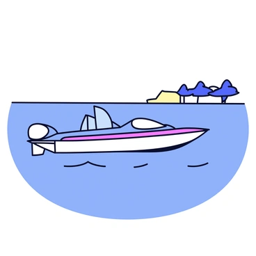 A hydrofoil craft gliding swiftly across the surface of the water. The hull of the craft is sleek and streamlined, designed for speed and efficiency. Beneath the water, the hydrofoils are elevated, creating a smooth ride above the waves. On the side of the craft, there is a secure compartment specifically designed for storing fish, featuring a tight-fitting lid. The water is a clear blue, with gentle ripples reflecting the sunlight. The background is a distant shoreline with faint silhouettes of trees.