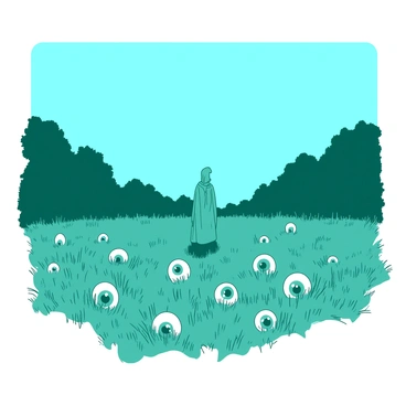 A lone figure dressed in a flowing garment stands in the center of a vast field. The field is filled with tall, swaying grass, and the sky above is a vivid blue. Surrounding the figure, there are numerous large eyes peering out from the grass and the trees at the edges of the field. Each eye is distinct, reflecting shades of teal and white, creating an eerie but captivating atmosphere. The figure remains still, gazing outward, while the eyes observe intently, creating a sense of mystery and intrigue in the scene.