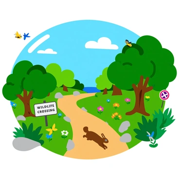 A vibrant wildlife corridor featuring a variety of plants and trees, providing a lush green passage for animals. Along the path, colorful flowers bloom, attracting butterflies and bees. Small mammals, like rabbits and squirrels, are seen moving through the corridor, while birds perch on branches above. A clear blue sky is visible overhead, and a few clouds drift lazily. The corridor is designed with natural materials, incorporating logs and rocks, creating a safe and welcoming environment for wildlife to navigate through the city. Signs indicating "Wildlife Crossing" are placed at either end of the corridor.