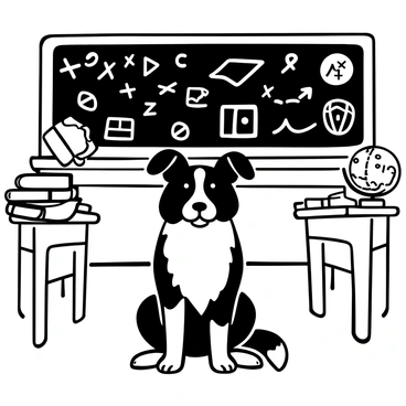 A border collie sitting attentively in a classroom with a chalkboard backdrop
