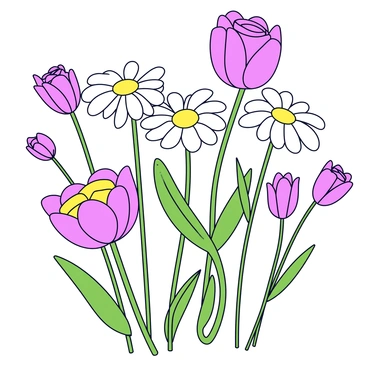 An intricate line illustration of various blooming flowers intertwined with vines.