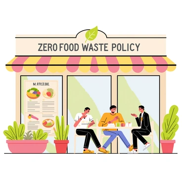 A vibrant restaurant with a wooden exterior featuring large glass windows. A prominent sign above the entrance reads "Zero Food Waste Policy" in bold letters, accompanied by an illustration of a green leaf symbol. The menu displayed outside showcases colorful dishes made from locally sourced ingredients, with images of fresh vegetables and grains. Various potted plants are arranged around the entrance, adding a touch of greenery to the scene. A few customers are seated at outdoor tables, enjoying their meals and engaging in conversation.
