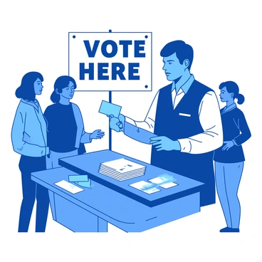 A blue election official is standing behind a wooden table at a polling station. The official is wearing a white shirt and a navy blue vest, with a name tag visible on the left side of the vest. There is a stack of voter ID cards neatly arranged on the table, and in front of the official, voters are presenting their IDs for verification. The background shows a banner with a "Vote Here" sign in bold lettering. Several voters are lined up, eagerly waiting for their turn.