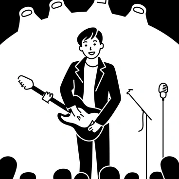 A musician standing at the center of a stage, holding a guitar with both hands. The musician is wearing a fitted black leather jacket, a white t-shirt underneath, and dark jeans. Their hair is styled in a way that complements their energetic pose. The musician's expression is focused and determined, as they prepare to perform. Bright stage lights are shining down, highlighting the musician's presence, while a microphone stand is positioned nearby. The audience can be seen in the background, eagerly anticipating the performance.