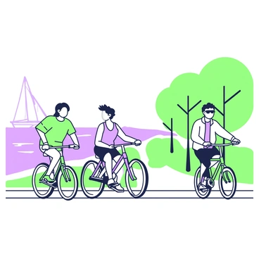 A group of friends is cycling along a waterfront path. There are three individuals prominently featured in the foreground. The first friend on the left has long hair and is wearing a bright shirt, pedaling a green bicycle. Next to them, a second friend with short hair rides a purple bicycle, wearing a casual tank top and sunglasses. The third friend, slightly behind, has curly hair and is dressed in a lightweight jacket, riding a matching green bicycle. In the background, there are trees lining the path, and the waterfront glistens under the sunlight. A distant sailboat can be seen on the water, adding to the lively atmosphere.