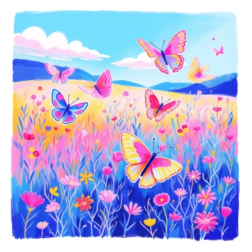 A group of butterflies with wings made of intricate digital patterns is flying through a lush meadow. The butterflies are vibrant in color, showcasing various geometric designs that resemble pixel art. The meadow is filled with tall grass and colorful wildflowers swaying gently in the breeze. In the background, a clear blue sky is visible, and a few fluffy white clouds drift by. Sunlight filters down, casting soft shadows on the ground.
