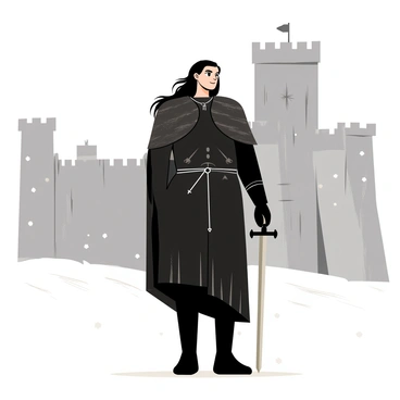 Jon Snow, wearing a dark cloak and leather armor, stands firmly in front of Winterfell. The large stone castle towers in the background, with its tall battlements and icy walls. Flakes of white snow lightly fall around him, blanketing the ground in a soft layer. His long black hair flows slightly in the cold breeze, and he holds a sword with a black hilt in one hand, pointing it slightly toward the ground. The sky above is a muted gray, enhancing the wintry atmosphere surrounding him.
