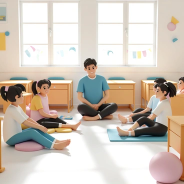 A classroom filled with wooden desks and colorful decorations on the walls. Several students, wearing casual clothing, are sitting in pairs on the floor. Each pair is focused on giving foot massages, with one student gently holding a foot while the other relaxes on a mat. The teacher, wearing a blue shirt and black pants, is positioned at the front, demonstrating proper techniques. The atmosphere is lively, with smiles on the students' faces as they share the experience. Sunlight streams in through large windows, illuminating the cheerful scene.