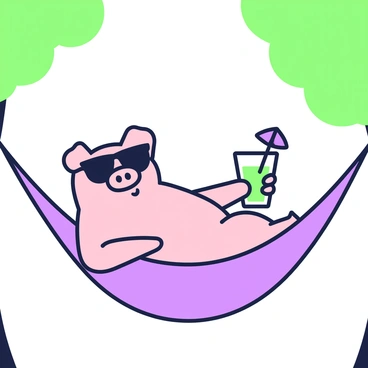 A pig is lounging comfortably in a hammock, suspended between two trees. The pig is wearing dark sunglasses that sit snugly on its snout. In its right hoof, it holds a colorful drink with a small umbrella perched on the rim. The hammock is gently swaying, and the trees around it have green leaves. The scene conveys a relaxed atmosphere, with the pig appearing content in its laid-back position.