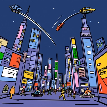 A futuristic cityscape at night filled with tall, sleek skyscrapers adorned with bright neon lights in various colors. Flying cars zoom between the buildings, leaving trails of light behind them. The streets below are bustling with activity, with people walking and some using hoverboards. The sky is a deep blue, dotted with stars, while large digital billboards display vibrant advertisements. The scene captures a sense of advanced technology and lively urban life.
