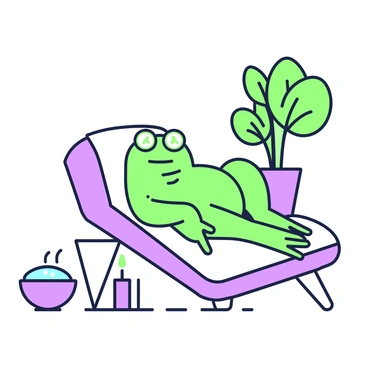 A relaxed frog is lying on a plush lounge chair at a spa. It has cucumber slices placed over its eyes. The frog's body is a vibrant green, and it appears at ease in the tranquil setting. Beside the lounge chair, there is an array of spa items, including a small bowl filled with water and a few aromatic candles. In the background, a potted plant with broad leaves adds to the serene atmosphere. A towel is draped across the frog's body, completing the spa experience.