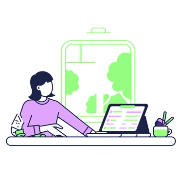 An illustration showing a user's journey through an online job application process. In the foreground, a person with shoulder-length hair is sitting at a desk, focused on a laptop screen. The laptop displays a job application form with various fields, including "Name," "Email," and "Experience." Next to the laptop, there is a notepad with a green pen, filled with notes. In the background, a window reveals a bright day outside, with a tree visible. To the side, there is a coffee mug shaped like a light bulb, emphasizing creativity and inspiration.