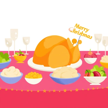 A festive table is set with a vibrant red tablecloth adorned with golden accents. In the center, a large, golden-brown roasted turkey is displayed on a white platter, surrounded by an array of colorful side dishes. There are creamy mashed potatoes in a bowl, bright green steamed broccoli, and a vibrant salad with cherry tomatoes and cucumbers. Small bowls of cranberry sauce and stuffing are placed nearby. Sparkling wine glasses reflect the light, and a few decorative candles flicker, adding warmth to the scene. "Merry Christmas" is written on a decorative sign placed at the head of the table.