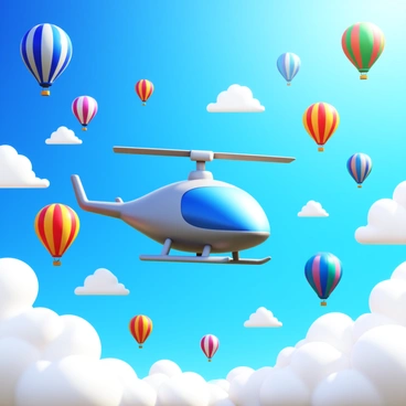 A private helicopter with a sleek design is soaring through a vibrant sky. Surrounding the helicopter are numerous colorful hot air balloons in various shapes and sizes, each adorned with unique patterns and bright hues. The scene captures the festive atmosphere of a balloon festival, with balloons drifting gracefully through fluffy white clouds. The sunlight illuminates the balloons, creating a striking contrast against the blue sky.