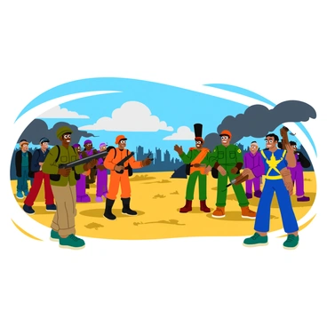 A tense scene depicting the conflict between Marleyan forces and Eldian warriors