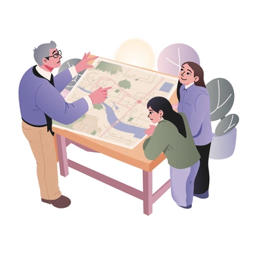 A digital flat illustration featuring an experienced mentor and a younger colleague studying a detailed roadmap. The mentor, a middle-aged man with gray hair and wearing glasses, is pointing towards a specific location on the map with his right hand. He is dressed in a blue blazer over a white shirt and khaki pants. The younger colleague, a woman with long dark hair and wearing a green jacket and jeans, is closely observing the roadmap with a thoughtful expression. There are trees in the background, and the sunlight is shining down, creating a warm atmosphere around them. The roadmap is spread out on a wooden table, showing various routes and landmarks.