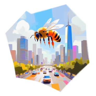 A honeybee with delicate, translucent wings is buzzing in mid-air, hovering over a bustling city skyline. The bee is detailed with black and yellow stripes on its body, its wings catching the sunlight as they flutter. Below, the city is filled with tall skyscrapers made of glass and steel, reflecting the blue sky and bright sunlight. The streets are lively with people and cars, showcasing the vibrant atmosphere of urban life. The backdrop features a clear sky with a few fluffy white clouds, enhancing the sense of a bright day.