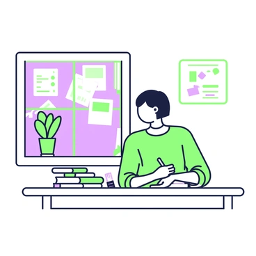 A student is sitting at a small wooden desk in a cozy classroom corner. The desk is cluttered with writing supplies including a green notebook and a green pen. The student, wearing a comfortable sweater, is focused on writing in the notebook. In front of the student, there is a stack of books with colorful spines, some leaning against each other. A window nearby lets in soft light, illuminating a potted plant on the windowsill. A bulletin board behind the student is decorated with pinned papers and drawings.