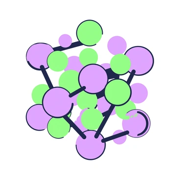 An up-close view of a sodium chloride crystal lattice. The lattice structure is composed of alternating green and purple spheres representing sodium and chloride ions, respectively. Each sodium ion is surrounded by six chloride ions in a cubic arrangement, showcasing the ionic bonds that connect them. The edges of the lattice are sharp, emphasizing the geometric precision of the crystal structure. The overall composition highlights the repeating pattern of the lattice, with clear separations between the ions.