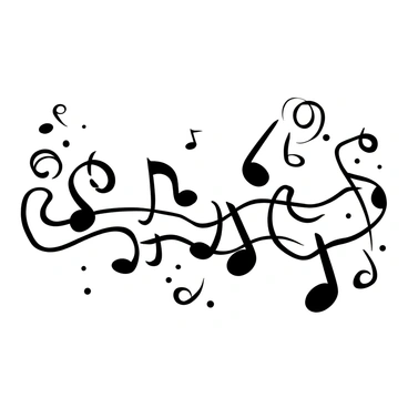 A series of musical notes flowing in a playful manner, creating a dynamic rhythm in the air. Each note varies in size and form, producing an engaging visual movement. The notes are interconnected by swirls and curves, adding to the sense of dance. Surrounding the notes are abstract shapes and lines that enhance the feeling of energy and melody.