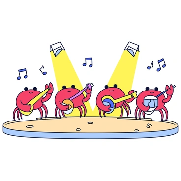 A band of crabs performing on a stage. Each crab is holding a tiny guitar made from colorful seashells, and one crab is playing a small drum set also fashioned from seashells. The crabs are positioned in a semi-circle, with bright spotlights shining down on them. In the background, there are musical notes depicted in the air to emphasize their lively performance. The stage is set on a sandy beach, with a few pebbles scattered around.