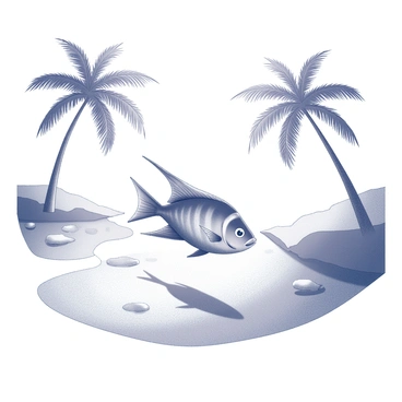 An angelfish is swimming gracefully in the shallow waters of a cove. The fish has elongated fins and a distinct body shape, showcasing its delicate patterns. The shoreline is lined with palm trees, their fronds gently swaying in the breeze. The water is clear, revealing the sandy bottom, and the shoreline features smooth pebbles scattered along the edge. Light filters through the palm leaves, creating dappled shadows on the ground.