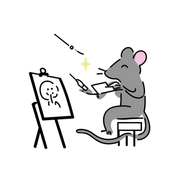 A mouse with soft gray fur is sitting on a small wooden stool. It is holding a fountain pen with its tiny paws, concentrating on a piece of paper placed on a miniature drawing table. The mouse's large ears are perked up, and its whiskers are twitching as it carefully sketches a portrait. The background features a simple, uncluttered setting with a single light illuminating the scene, highlighting the mouse's focused expression. The portrait on the paper is partially visible, showing the outline of a face.