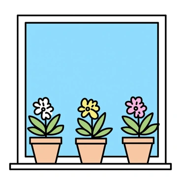 A sunny window sill with bright light streaming in. There are three potted freesia plants, each with vibrant green leaves and clusters of colorful flowers in shades of yellow, pink, and white. The pots are simple, made of terracotta, and the window is framed with white wood. Outside the window, a clear blue sky can be seen, enhancing the cheerful atmosphere.