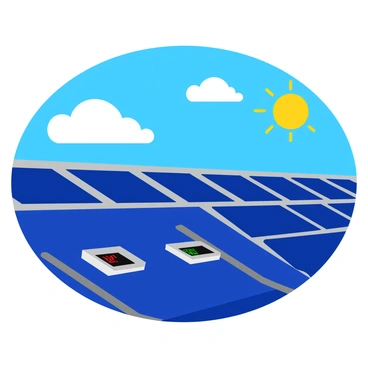 A rooftop covered in shiny solar panels, each with a smooth, reflective surface. The panels are arranged neatly in parallel rows, angled slightly to maximize sunlight exposure. Digital readouts display vibrant numbers indicating voltage levels in bright colors. The rooftop is set against a clear blue sky, with the sun shining brightly, casting distinct shadows from the panels. A few puffy white clouds drift lazily in the background, adding a touch of contrast to the scene.