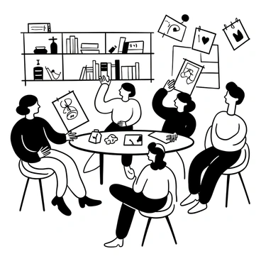 A small group of individuals gathered around a table, each displaying their latest illustrations on sheets of paper laid out for view. Some members are gesturing towards their artwork while others are taking notes, showing interest in the techniques being discussed. Various art supplies, such as pencils, brushes, and ink bottles, are scattered across the table. In the background, there are shelves filled with books on art techniques and finished artworks pinned to the walls.