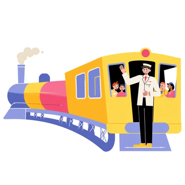 A train conductor wearing a classic uniform with a cap and a whistle stands at the open door of a colorful train. The conductor is smiling and waving with one hand while holding onto the door frame with the other. In the background, a group of cheerful passengers can be seen at the platform, some waving back and others smiling. The train is adorned with bright colors and has smoke billowing from the chimney as it begins to move away from the station. The scene is filled with excitement and a sense of journey.
