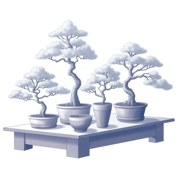 A display of intricately shaped bonsai trees in ceramic pots