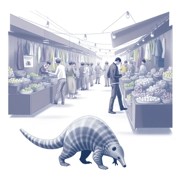 A pangolin is foraging on the ground in a busy marketplace. Numerous stalls filled with various goods are arranged around it, displaying baskets of fruits and vegetables. Shoppers and vendors are engaged in lively interactions, with some people examining items and others bargaining. Colorful fabrics and wares hang from the stalls, creating a dynamic scene full of activity. The atmosphere is lively, showcasing the daily hustle and bustle of market life.