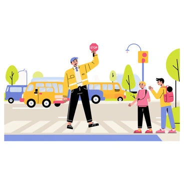 A crossing guard wearing a bright yellow safety vest stands confidently on a bustling street. The guard holds a stop sign up high, signaling vehicles to halt. Children, including a girl in a pink backpack and a boy with a blue cap, are gathered at the curb, eagerly waiting to cross. Colorful cars and buses can be seen stopped in the background, while a few trees line the sides of the street. The scene conveys a sense of safety and community as the crossing guard assists the children.