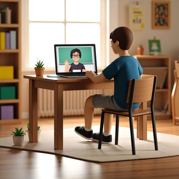 A student with light brown hair sits at a wooden desk in their bedroom, focused on a laptop with a bright screen displaying the virtual classroom. The student is wearing casual clothing, a blue t-shirt and comfortable shorts. On the laptop screen, a friendly virtual teacher appears, smiling and engaging, with short black hair and glasses. The room is filled with warm lighting and personal touches, such as bookshelves lined with colorful books and posters on the walls. A small potted plant sits next to the laptop, adding a touch of greenery to the scene.