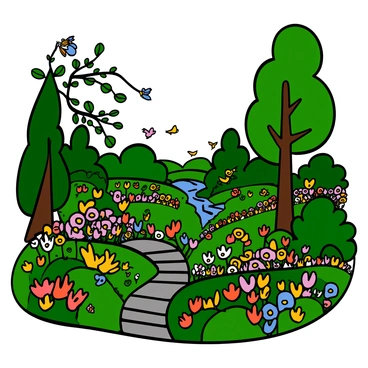 A lush garden in Rivendell filled with an array of colorful flowers in full bloom. There are whimsical stone paths winding through the garden, leading to hidden corners. Tall trees provide dappled sunlight, casting soft shadows on the ground. Beautifully shaped bushes are arranged throughout the garden, adding to the enchanting atmosphere. In the distance, a gently flowing stream can be seen, complementing the peaceful setting. Birds can be spotted perched on branches, adding life to the scene. The air is filled with the vibrant colors and the fresh scent of blooming flowers.