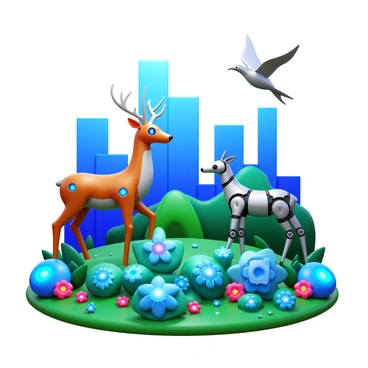 A futuristic landscape featuring a vibrant city skyline in the background. The foreground showcases various robotic wildlife, including a metallic deer with glowing blue eyes and a sleek, silver bird flying overhead. High-tech vegetation is abundant, with plants that have luminescent leaves and intricate mechanical flowers. The ground is dotted with advanced, interactive flora that responds to movement. Soft, colored lights illuminate the entire scene, creating a dynamic, lively atmosphere.