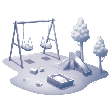 A children's playground partially underwater after a flood, with a swing set floating