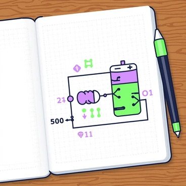 A circuit diagram is displayed on an open notebook. The diagram consists of a simple circuit with clear labels for each component. There is a battery with a positive and negative terminal, connected by solid lines to a resistor labeled with its resistance value. Next to the resistor, there is a light bulb symbol, indicating where the electrical flow is directed. Arrows indicate the direction of the current flowing through the circuit. The notebook has a textured cover and is placed on a wooden surface. A pen lies beside the notebook, partially open to a blank page.